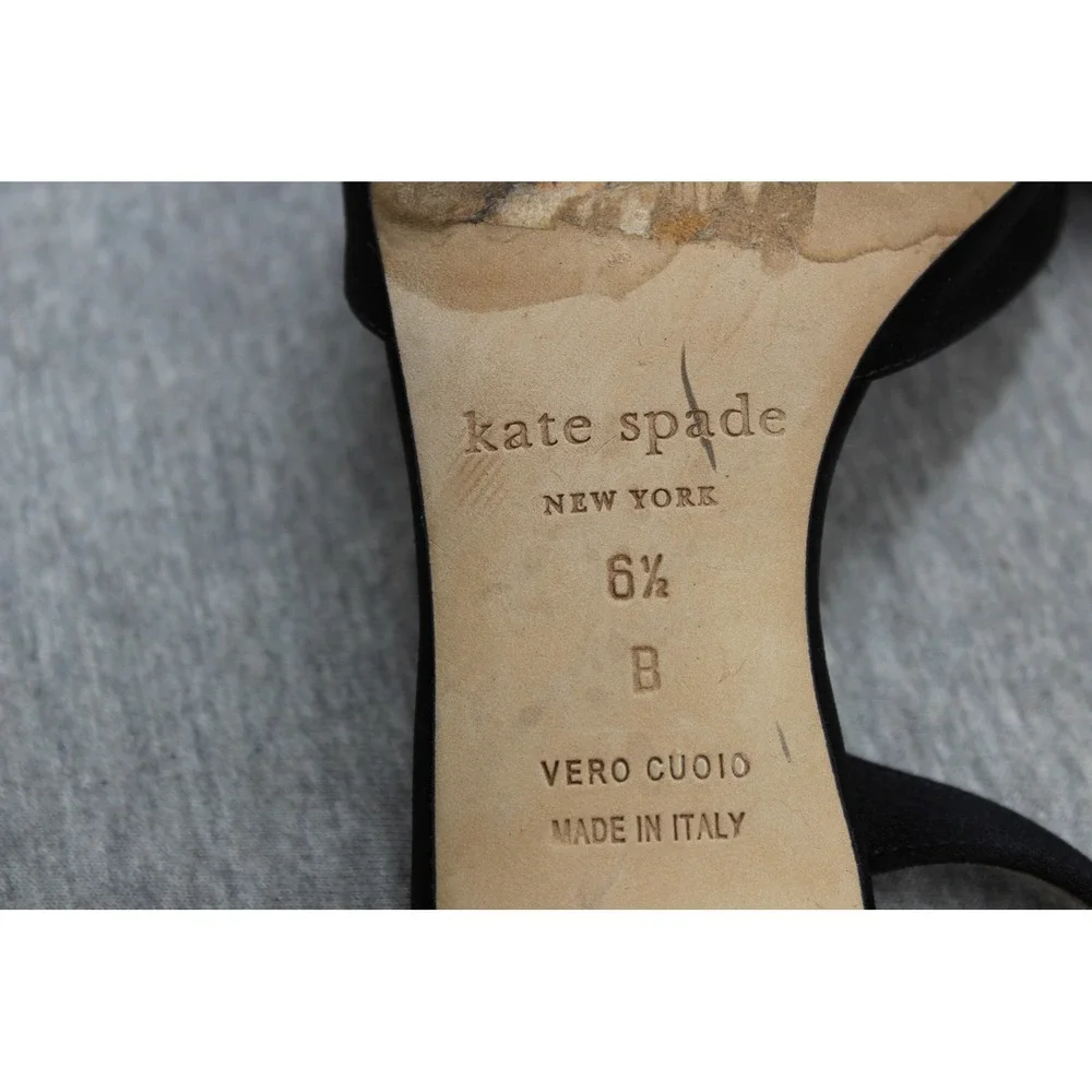 Kate Spade Heels Womens 6.5 Black Satin Peep Toe Bow Slingback Kitten Heel Italy